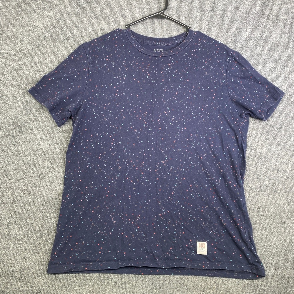 Topo Designs Mens Navy Blue Splatter Paint Cotton T-Shirt Size M Short Sleeve
